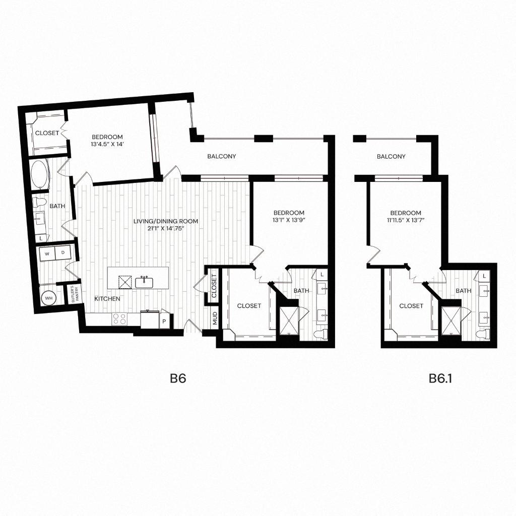 Floor plan for 2 beds, 2 baths, 1465 sqft